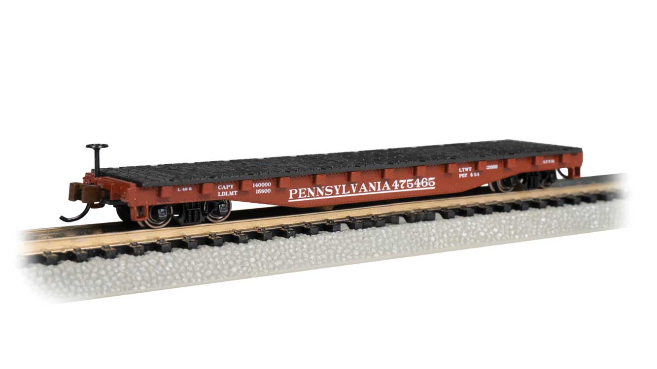 Bachmann 52' Steel Flatcar - Ready to Run Santa Fe #90852 (red, white; "Super Shock Control" Slogan)