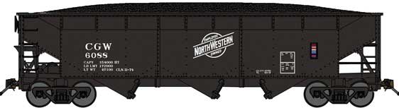 Bluford 70-Ton Offset-Side 3-Bay Hopper w/Load - Ready to Run Bluford Shops #74065 Chicago & North Western CGW #6056 (black,white Employee Owned Logo)