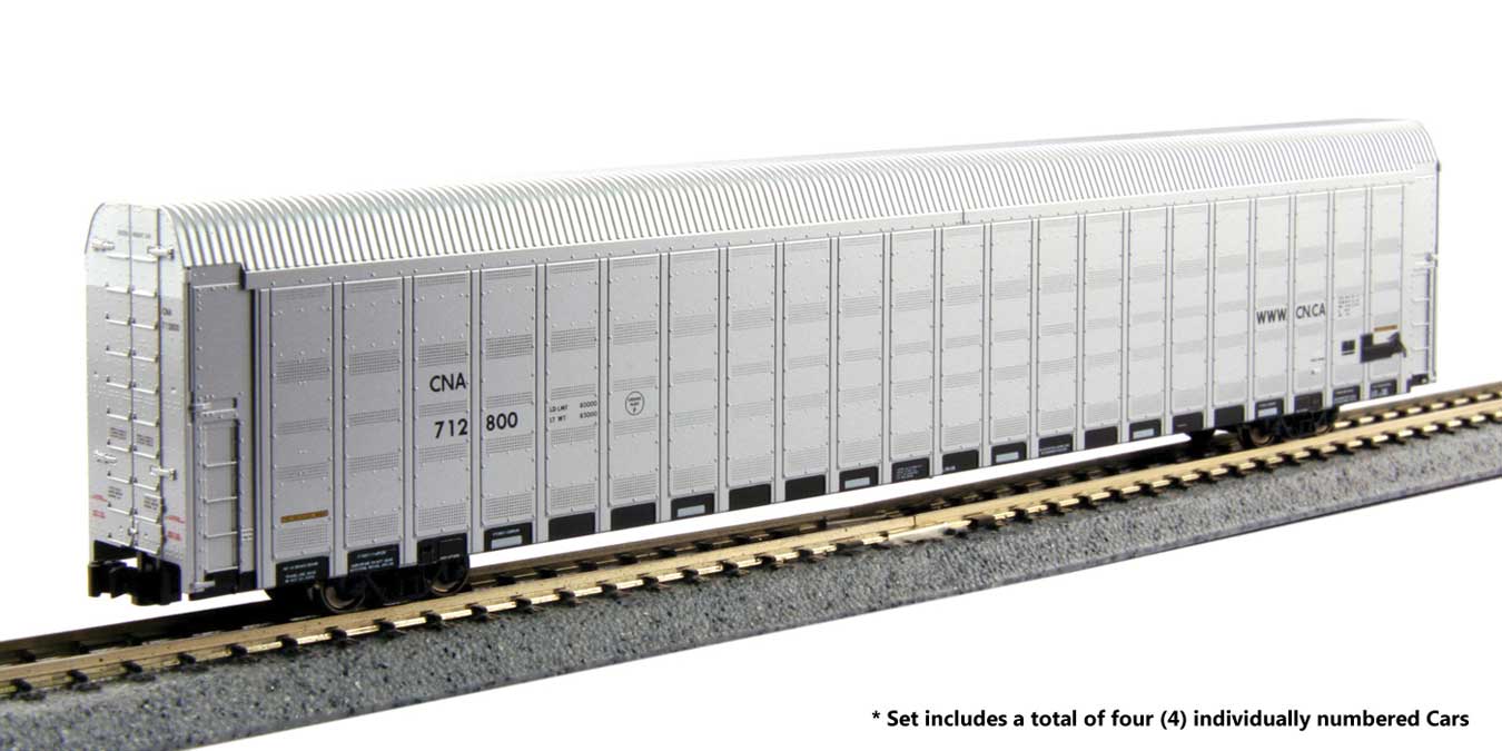 Kato Aluminum Enclosed Auto Carrier 4-Pack - Ready to Run Canadian National #712846, 712849, 712853, 712952 (silver, black)