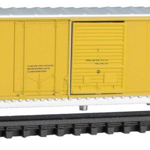 Micro Trains 50' Plug & Sliding Door Boxcar No Roofwalk - Ready to Run Union Pacific #168043 (Armour Yellow, silver, Automated Railway Map)