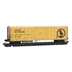 Micro Trains PC&F Class R-70-13 Steel Mechanical Reefer No Roofwalk - Ready to Run Great Northern WFCX #8909 (yellow, silver, black, Boxcar Red, Large Rocky Lo