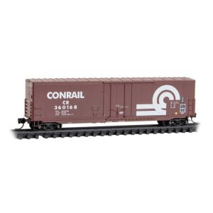 Micro Trains 50' Boxcar with 8' Plug Door, No Roofwalk, Short Ladders - Ready to Run Conrail #360168 (Boxcar Red, white, Large Logo)