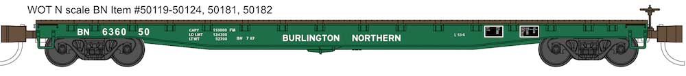 Wheels of Time 53'-6" General Service Welded Fish Belly Flatcar - Ready to Run Burlington Northern #636000 (Cascade Green)