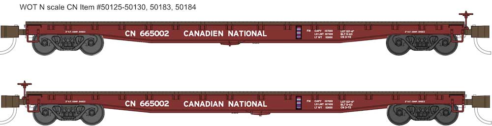 Wheels of Time 53'-6" General Service Welded Fish Belly Flatcar - Ready to Run Canadian National #665157 (Boxcar Red, Bilingual Lettering)