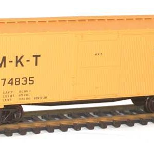 Accurail Inc 36' Double-Sheathed Wood Boxcar, Steel Roof, Ends, Fishbelly Underframe Kit, Missouri-Kansas-Texas #74835 (yellow, black; "Katy Serves the Southwest")