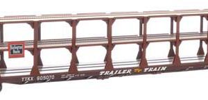 WalthersMainline 89' Flatcar w/Tri-Level Open Auto Rack - Ready to Run, Chicago, Burlington & Quincy / Trailer-Train TTKX #905070 (brown)