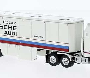 Brekina Automodelle 1980 Kenworth K100 Tractor with Racing Trailer - Assembled, Vasek Polak (white, blue, red; German Lettering)
