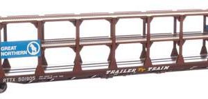 WalthersMainline 89' Flatcar w/Tri-Level Open Auto Rack - Ready to Run, Great Northern Rack Trailer-Train Flatcar RTTX #501905 (brown)