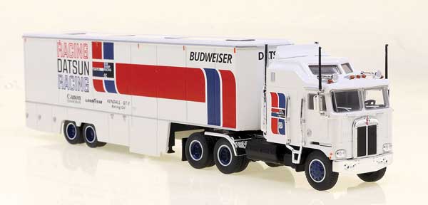 Brekina Automodelle Kenworth K100 Tractor w/Racing Trailer - Assembled, Datsun Racing (white, red, blue)