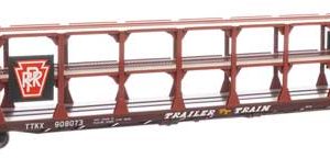 WalthersMainline 89' Flatcar w/Tri-Level Open Auto Rack - Ready to Run, Pennsylvania Railroad Rack Trailer-Train Flatcar #908073 (brown)