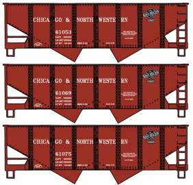 Accurail Inc USRA 55-Ton 2-Bay Coal Hopper 3-Pack - Kit, Chicago & North Western #61053, 61069, 61075 (Boxcar Red, black)