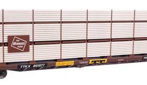 WalthersMainline 89' Flatcar w/Tri-Level Shielded Auto Rack - Ready to Run, Milwaukee Road #801577, TTKX Flatcar (brown)
