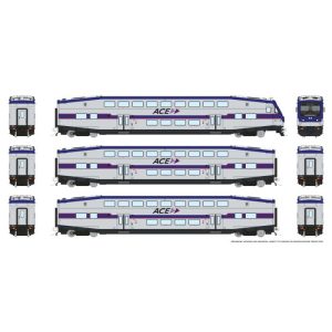 Rapido HO CEM Bi-Level Commuter Car: ACE - Modern: Set #2 (Cab: 3313 Coaches: 3224, 3230) Pre-Order
