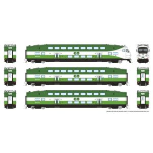 Rapido HO CEM Bi-Level Commuter Car: GO Transit/MX: Set #1 (Cab: 302 Coaches: 4505, 4004) Pre-Order