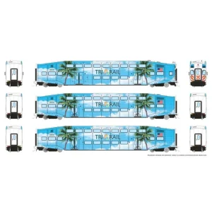 Rapido HO Bi-Level Commuter Car: TriRail - Palm Tree: Set #2 (Cab: 511 Coaches: 1005, 1010) Pre-Order