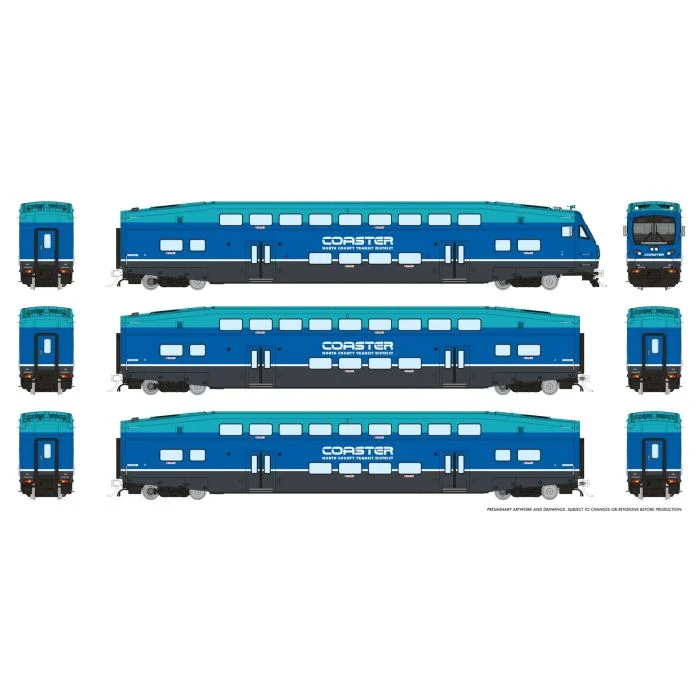 HO CEM BiLevel Commuter Car: Coaster - Modern: Set #2 (Cab: 423 Coaches: 42104, 42107)