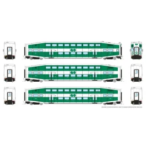Rapido HO BiLevel Commuter Car: GO Transit - Late: Set #4 (Cab: 227 Coaches: 2406, 2436) Pre-Order